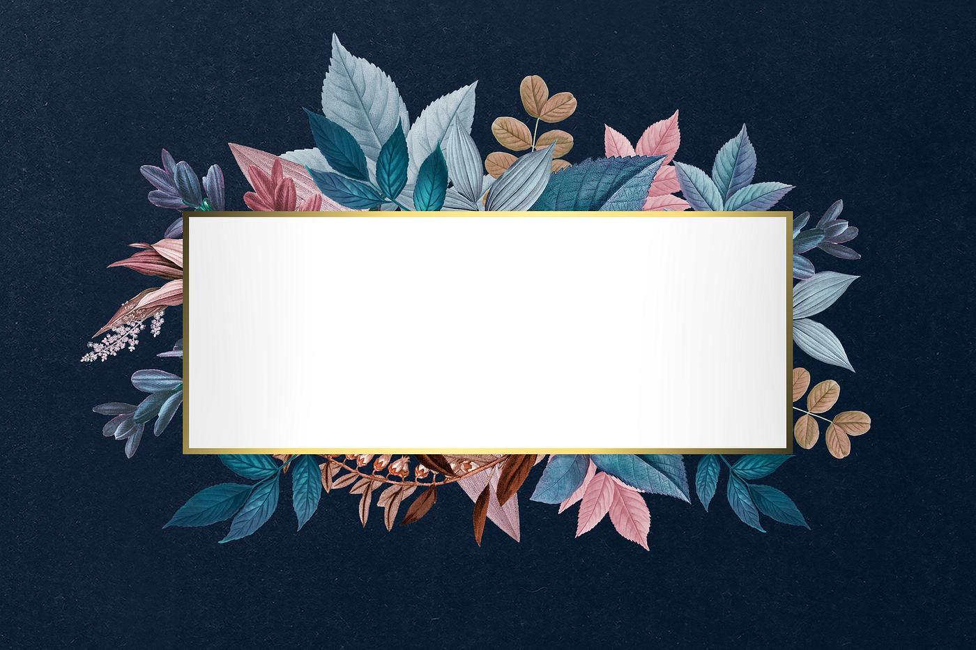 Botanical golden frame Golden rectangular frame decorated with colorful leaves illustration