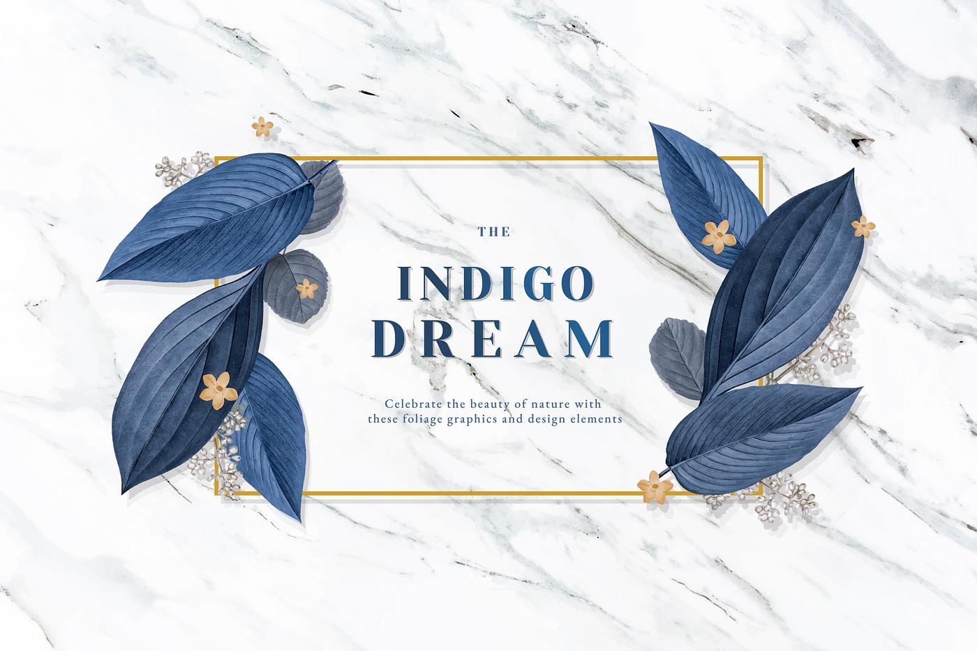 Gold rectangle frame decorated with blue leaves on a white marble background Gold rectangle frame decorated with blue leaves on a white marble background