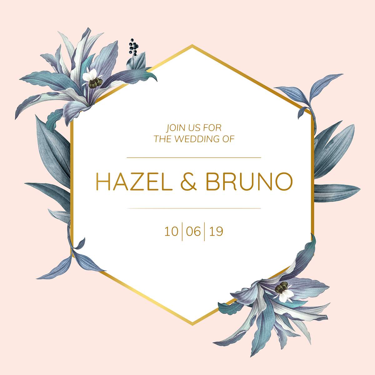 Wedding Invitation Card With Blue Leaves Design