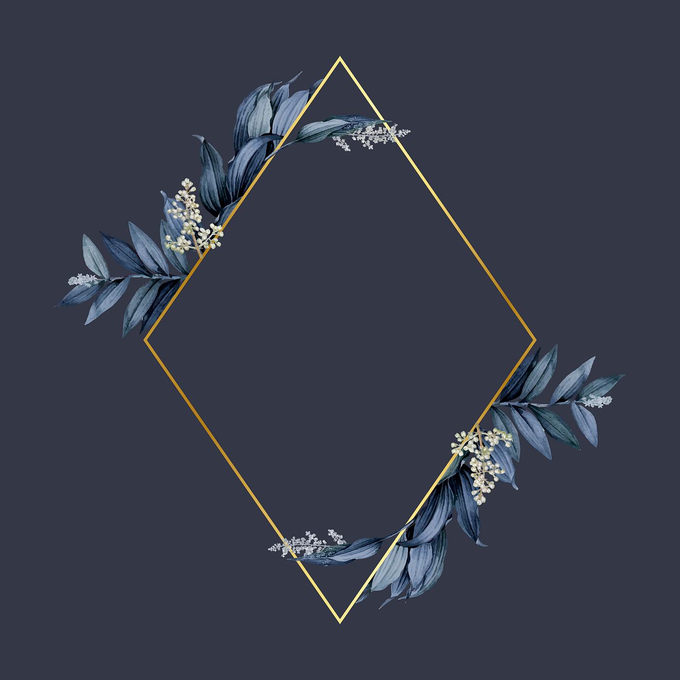 Elegant plant leaf frame Gold rhombus frame decorated with blue leaves on a navy blue background