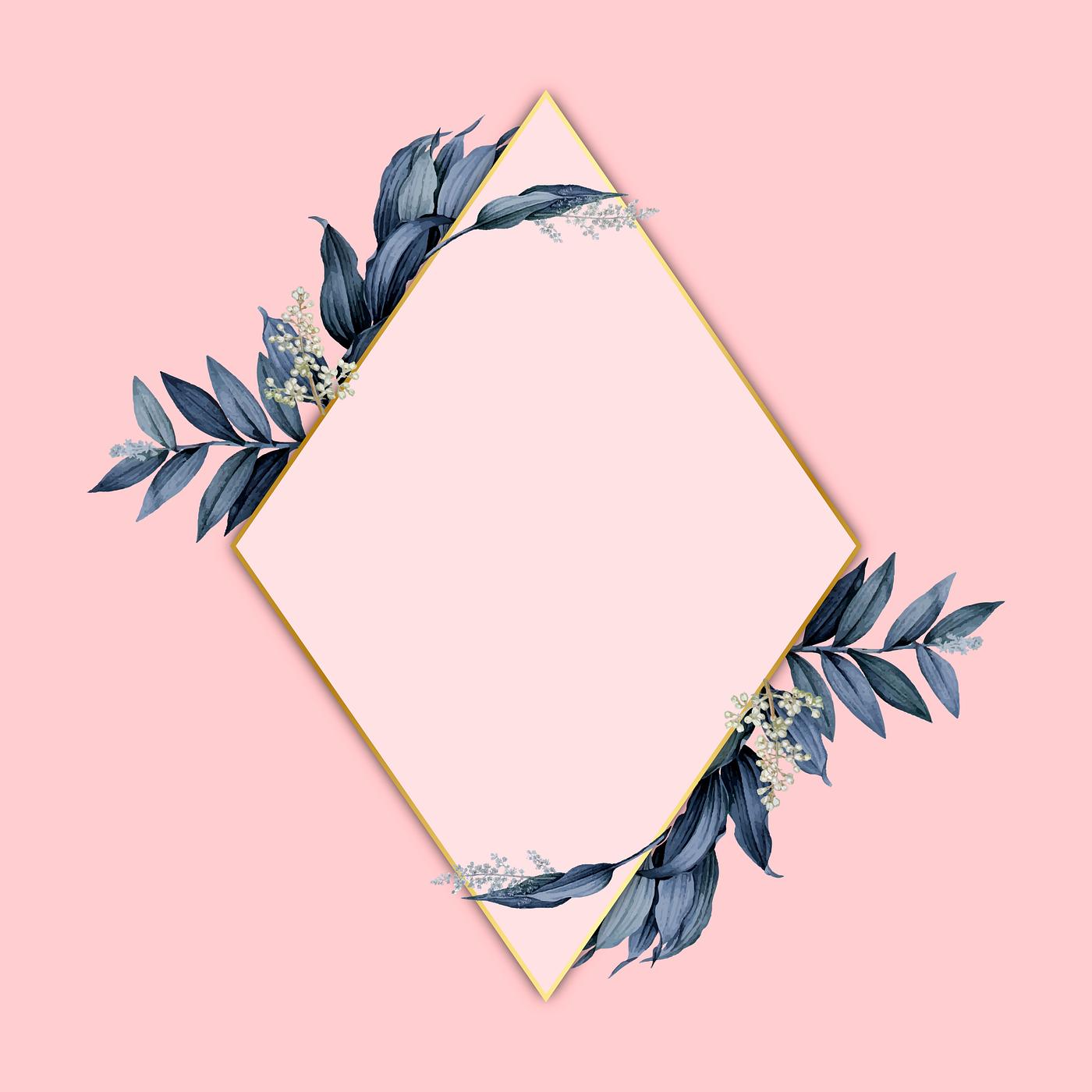 Elegant plant leaf frame Gold rhombus frame decorated with blue leaves on a pink background