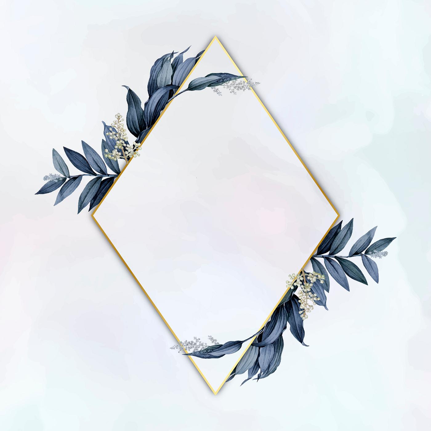 Gold rhombus frame decorated with blue leaves on a white paint brushstroke background Gold rhombus frame decorated with blue leaves on a white paint brushstroke background