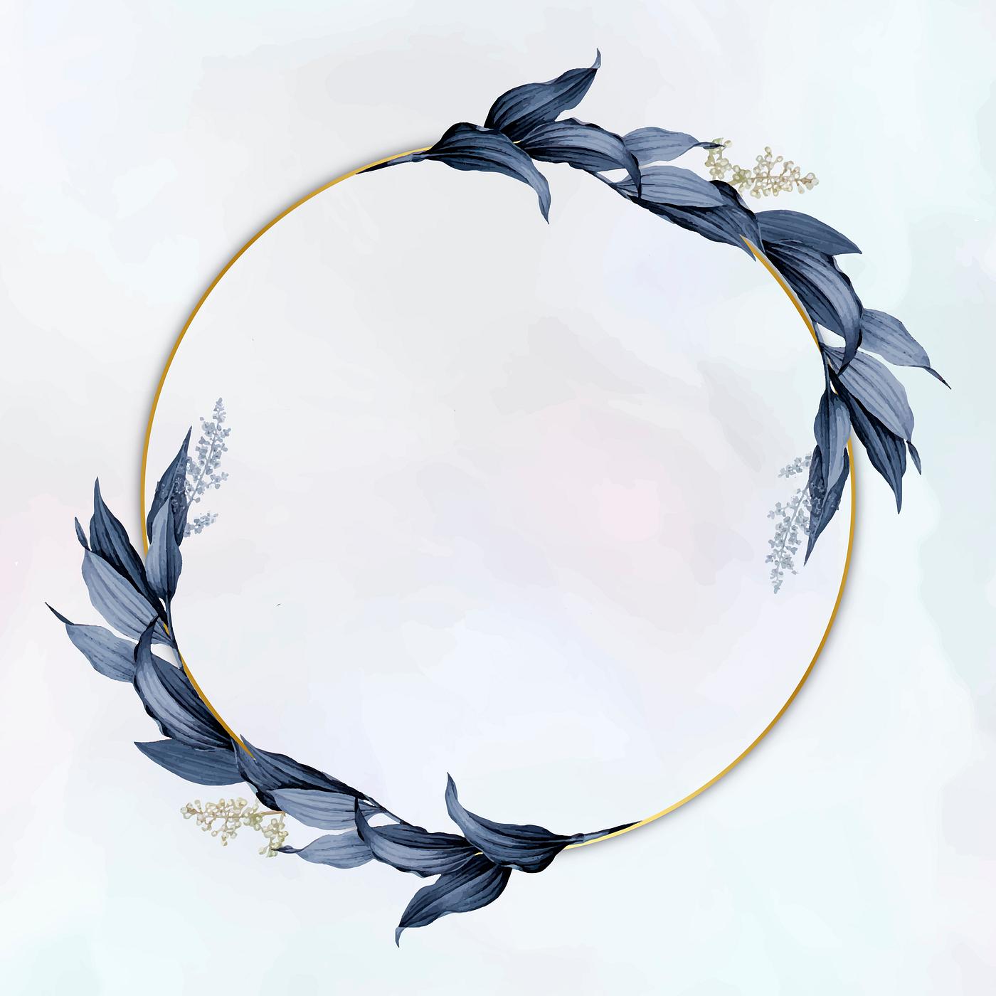 Gold circle frame decorated with blue leaves on a white paint brushstroke background Gold circle frame decorated with blue leaves on a white paint brushstroke background
