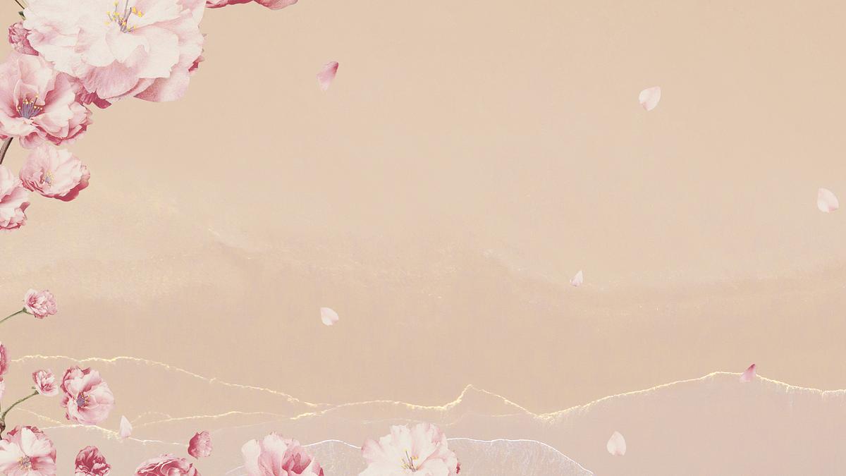 Pink cherry blossom flower branch bouquet… | Free PSD | High resolution mockup Pink cherry blossom flower branch bouquet border on nude peach background