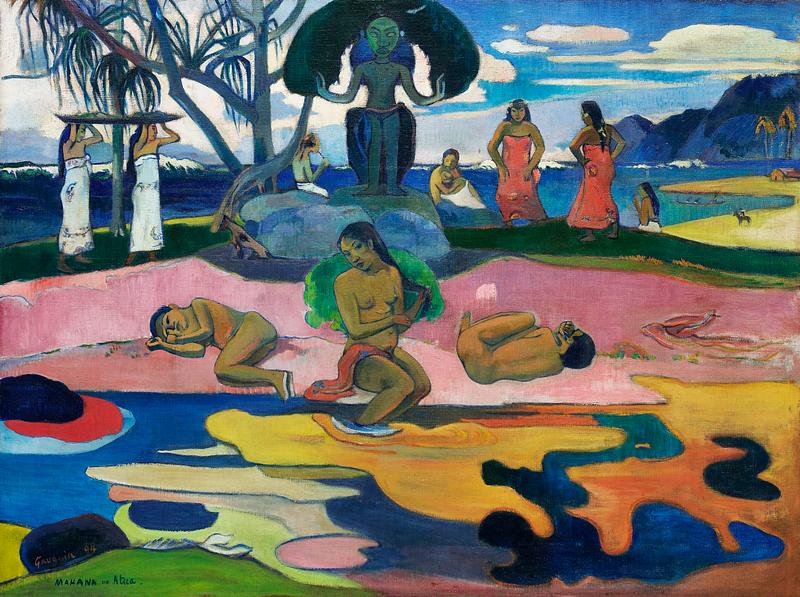 People in landscape painting by Gauguin Day of the God (Mahana no atua) (1894) by Paul Gauguin. Original from The Art Institute of Chicago. Digitally enhanced by…