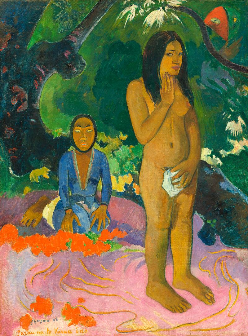 People in landscape painting by Gauguin Words of the Devil (Parau na te Varua ino) (1892) by Paul Gauguin. Original from The National Gallery of Art. Digitally…