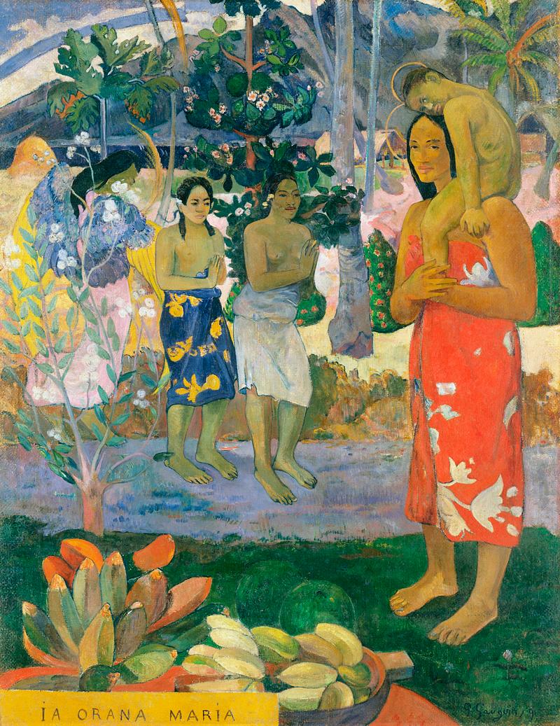 Everyday life in Tahiti painting by Gauguin Hail Mary (Ia Orana Maria) (1891) by Paul Gauguin. Original from The MET Museum. Digitally enhanced by rawpixel.