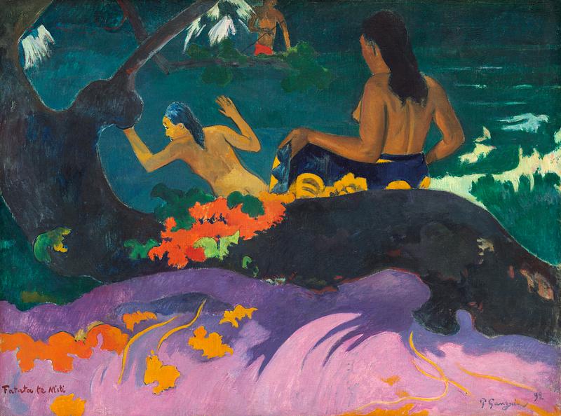 Everyday life in Tahiti painting by Gauguin By the Sea (Fatata te Miti) 1892 by Paul Gauguin. Original from The National Gallery of Art. Digitally enhanced by rawpixel.