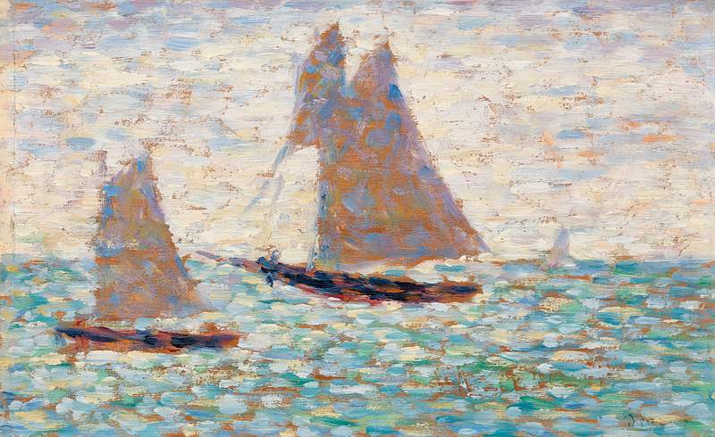 Two Sailboats at Grandcamp (Deux voiliers à Grandcamp) (ca. 1885) by Georges Seurat. Original from Barnes Foundation.…