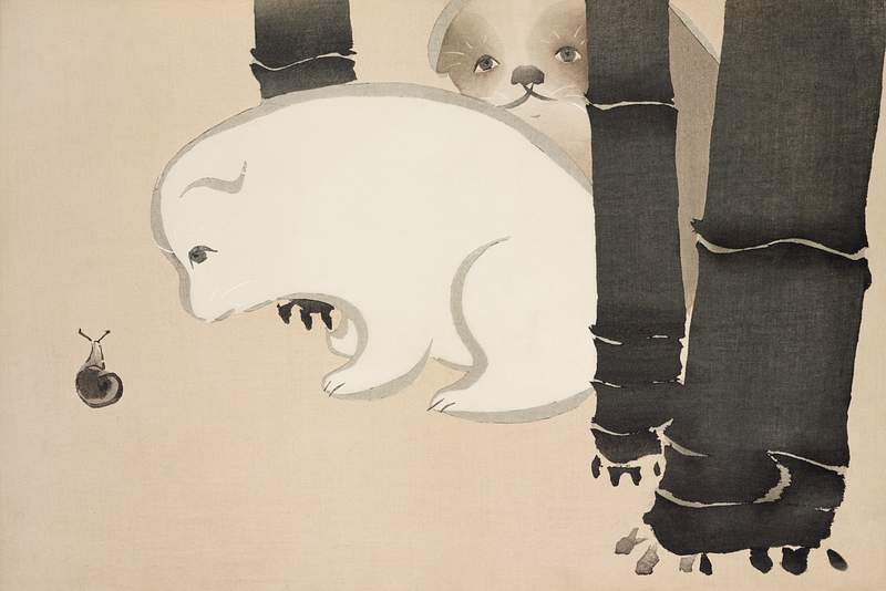 Dog and snail from Momoyogusa–Flowers of a Hundred Generations (1909) by Kamisaka Sekka. Original from the The New York…