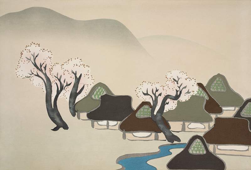 Village with cherry blossoms from Momoyogusa–Flowers of a Hundred Generations (ca. 1909–1910) by Kamisaka Sekka.…