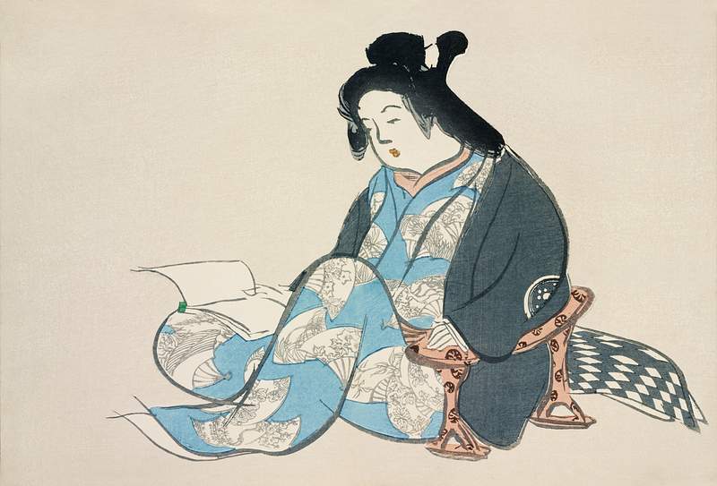 Reading lady from Momoyogusa–Flowers of a Hundred Generations (1909) by Kamisaka Sekka. Original from the The New York…