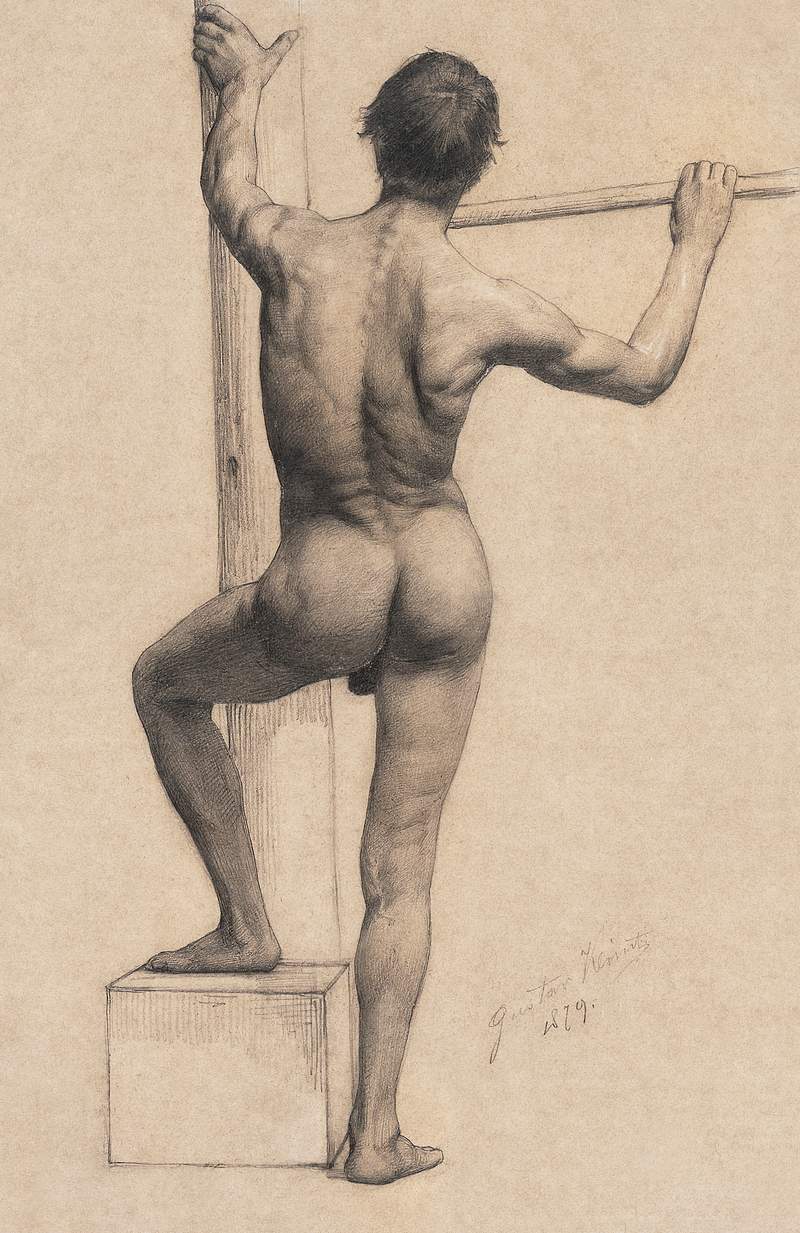 Male Nude with Left Foot on a Pedestal (1879) by Gustav Klimt. Original from The Art Institute of Chicago. Digitally enhanced…