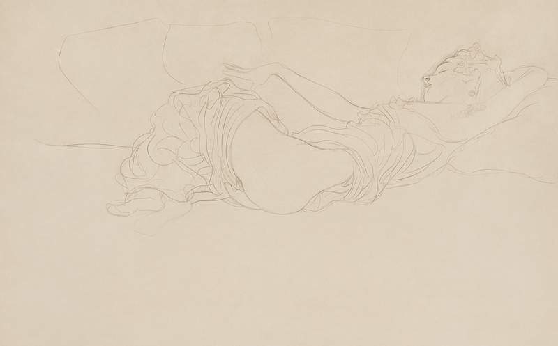 Woman Lying on her Back, Partly Dressed (1904) by Gustav Klimt. Original from Yale University Art Gallery. Digitally enhanced…