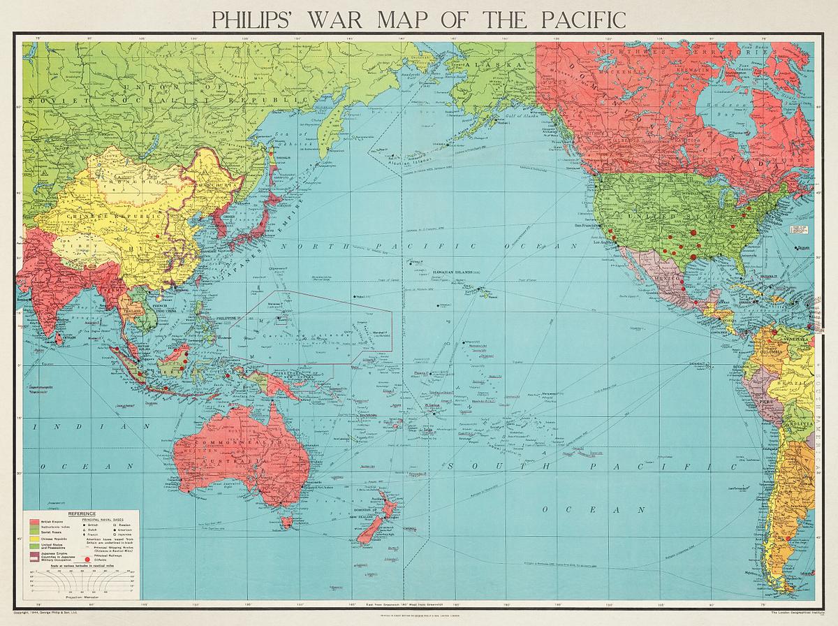Philips' war map of the Pacific | Free public domain illustration Philips' war map of the Pacific (1945) by George Philip and Son Limited. Original from The Beinecke Rare Book & Manuscript…