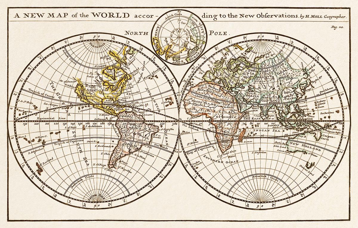 A new map of the world | Free public domain illustration A new map of the world according to the new observations (1732) by Herman Moll. Original from The Beinecke Rare Book &…