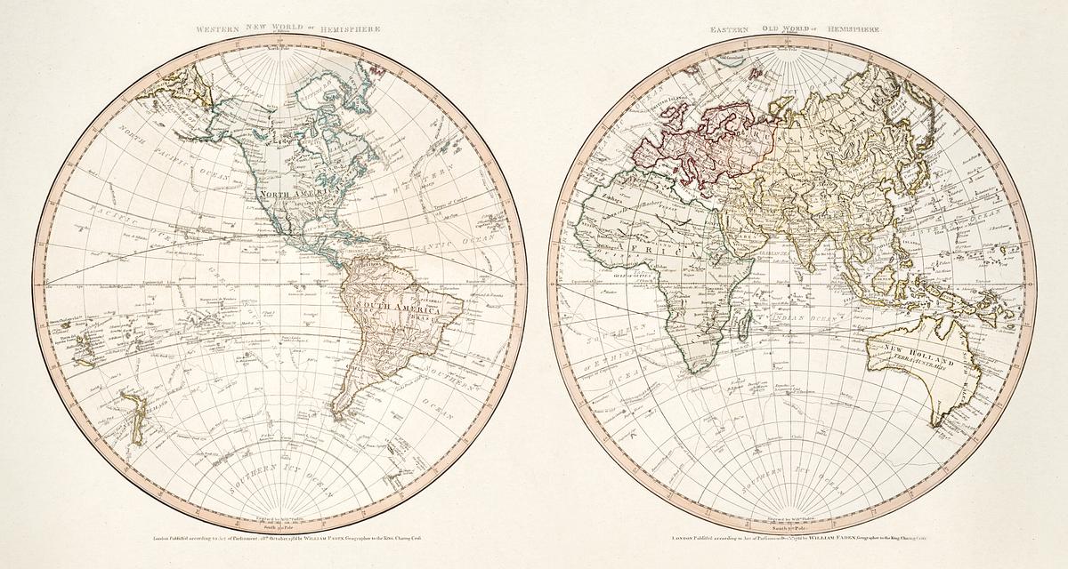 New world or western hemisphere | Free public domain illustration New world or western hemisphere: old world or eastern hemisphere (1786) by William Faden. Original from The Beinecke Rare…