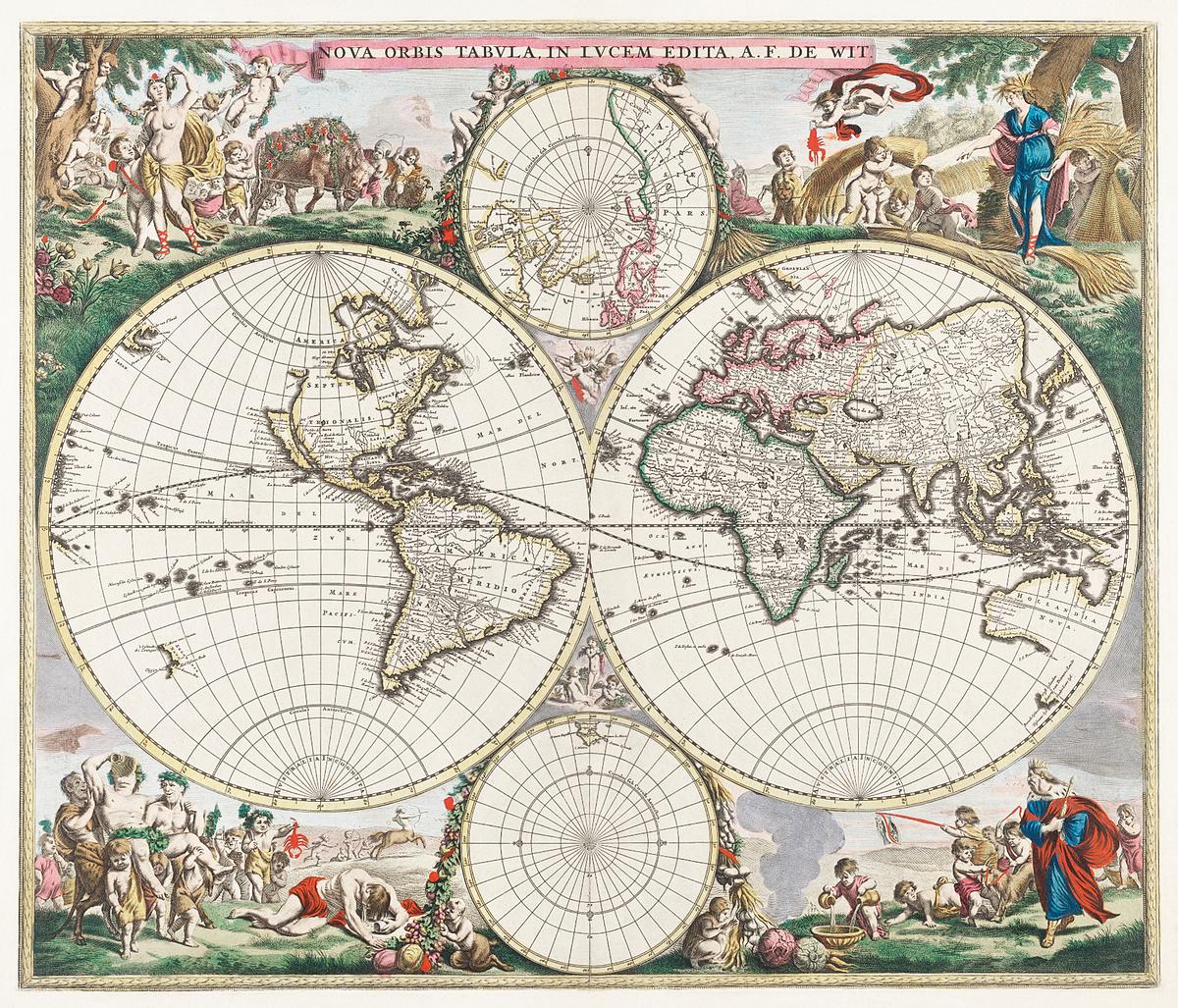 Nova orbis tabvla in lucem edita | Free public domain illustration Nova orbis tabvla in lvcem edita by Frederik de Wit (1630–1706). Original from The Beinecke Rare Book & Manuscript…