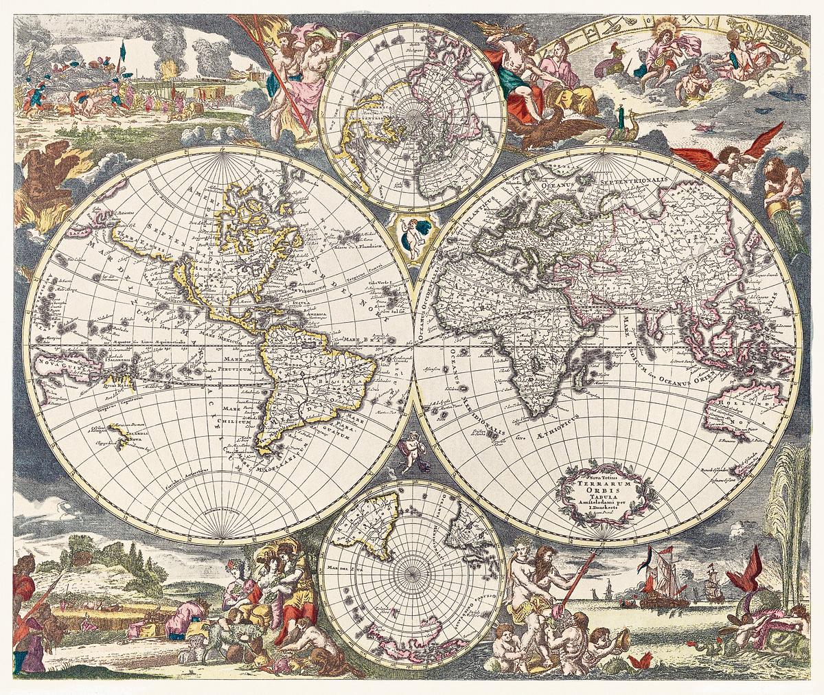 Nova Totius Terrarum orbis tabula | Free public domain illustration Nova Totius Terrarum orbis tabula (1660) by Justus Danckerts. Original from The Beinecke Rare Book & Manuscript Library.…