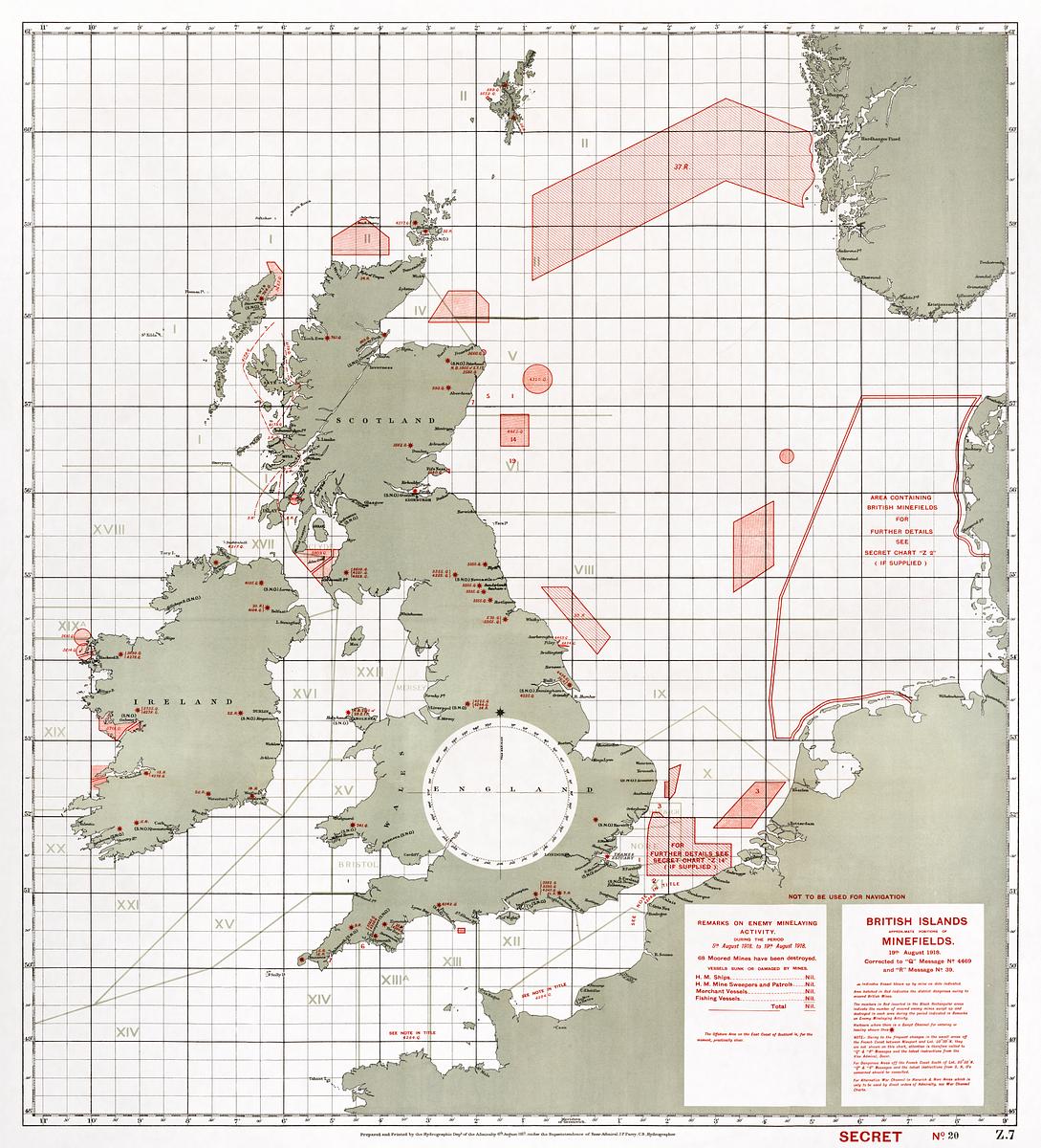 British Islands positions of minefields | Free public domain illustration British Islands approximate positions of minefields (1918) by William Rea Furlong. Original from Library of Congress.…