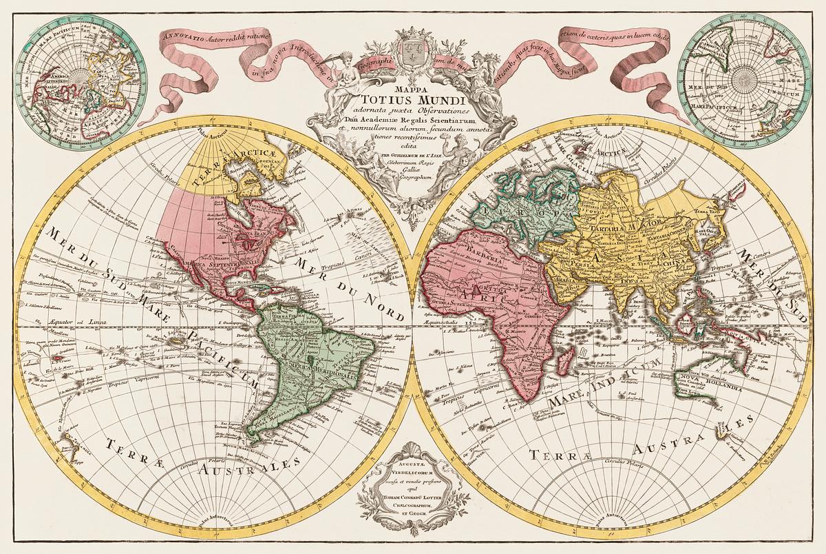 Mappa totius mundi | Free public domain illustration Mappa totius mundi : adornata juxta observationes dnn. academiae regalis scientiarum et nonnullorum aliorum secundum…