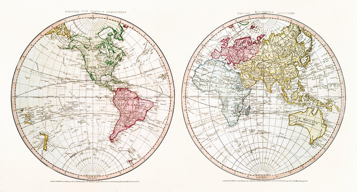 New World, or, Western Hemisphere | Free public domain illustration New World, or, Western Hemisphere; Old World, or Eastern Hemisphere (1790) by William Faden. Original From The New York…