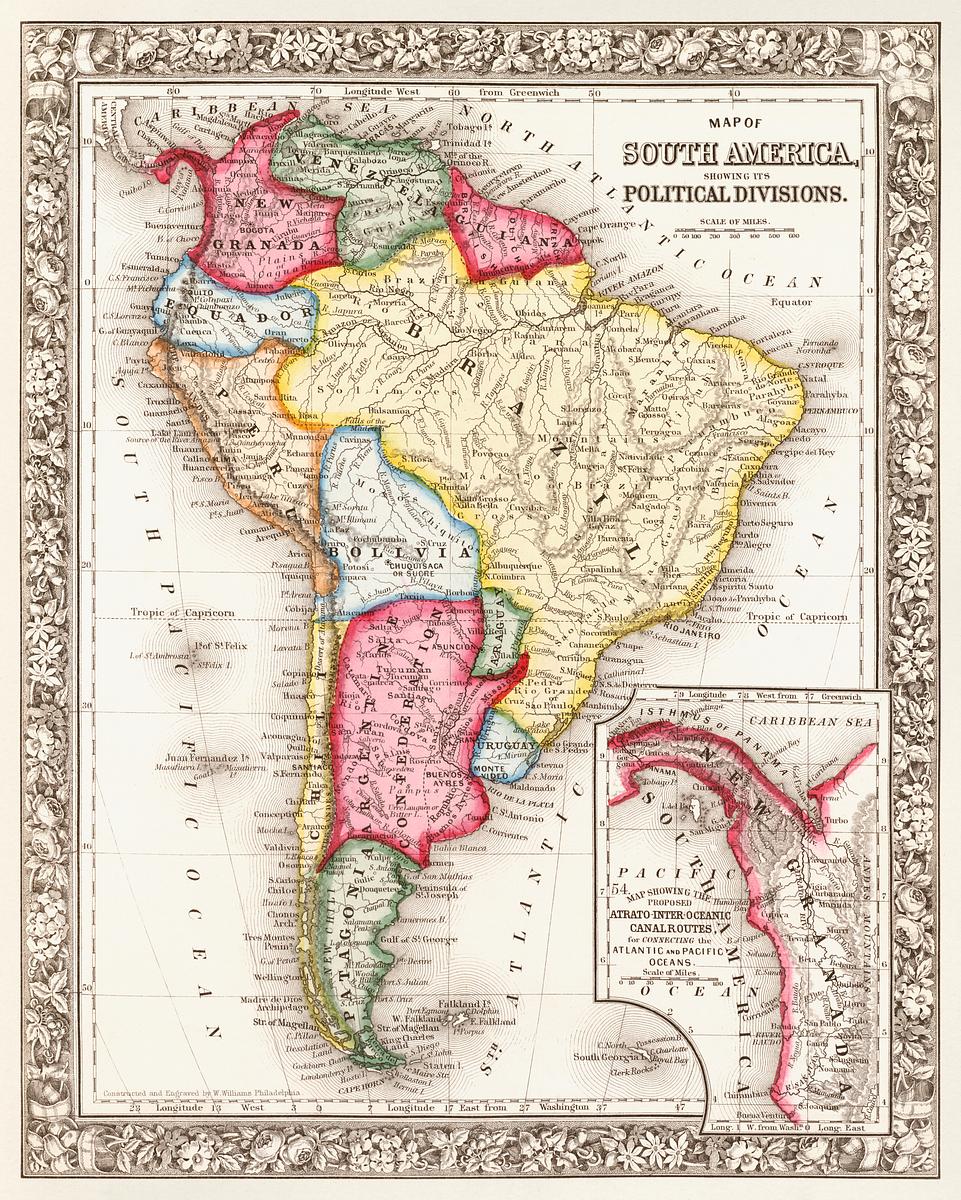 Vintage world map | Free public domain illustration Map of South America, showing its political divisions; Map showing the proposed Atrato-inter-oceanic canalroutes, for…