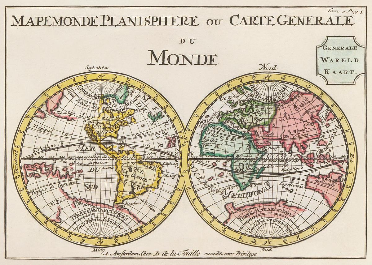 Vintage world map | Free public domain illustration Wereldkaart Mapemonde planisphere ou carte generale du monde (1735) from Daniel de Lafeuilledelete. Original from The…