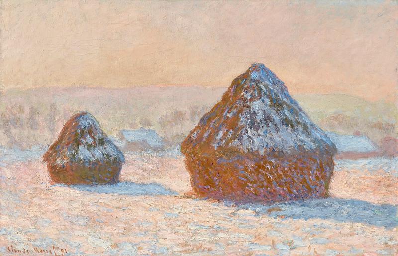 Monet haystack painting Wheatstacks, Snow Effect, Morning (1891) by Claude Monet. Original from the J.Paul Getty Museum. Digitally enhanced by…