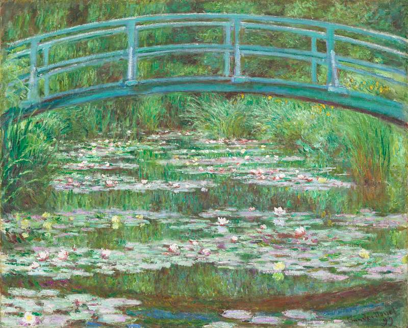 Monet Water Lilies and footbridge painting The Japanese Footbridge (1899) by Claude Monet. Original from the National Gallery of Art. Digitally enhanced by rawpixel.