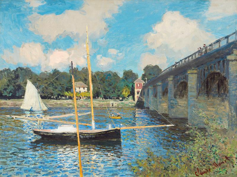 Monet river sail boat and the bridge painting The Bridge at Argenteuil (1874) by Claude Monet. Original from the National Gallery of Art. Digitally enhanced by rawpixel.