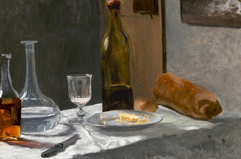 Monet still life painting Still Life with Bottle, Carafe, Bread, and Wine (1862 –1863) by Claude Monet. Original from the National Gallery of…