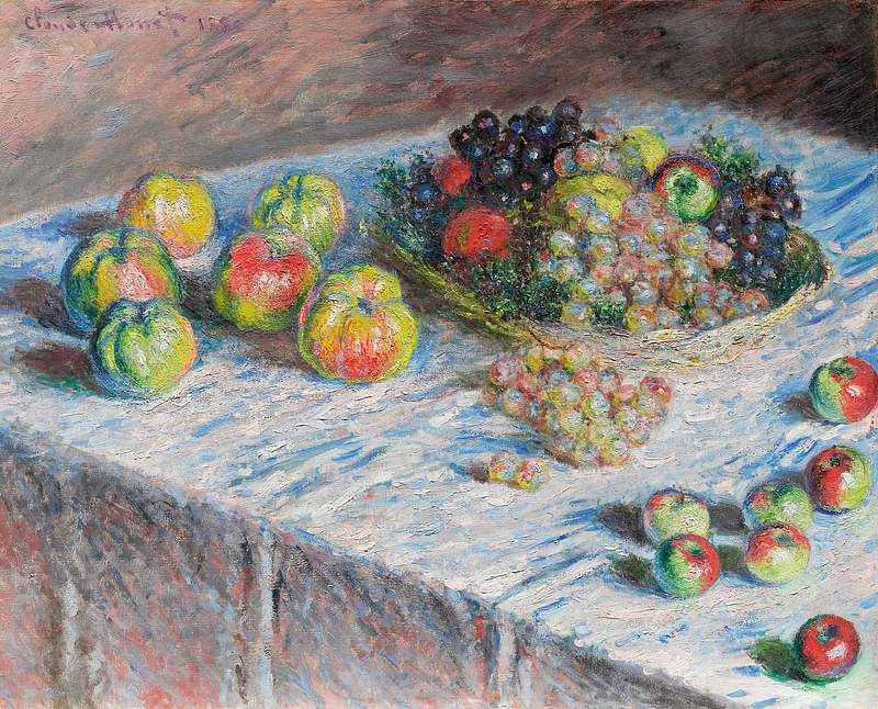 Monet fruits still life painting | Free public domain illustration Apples and Grapes (1880) by Claude Monet. Original from the Art Institute of Chicago. Digitally enhanced by rawpixel.