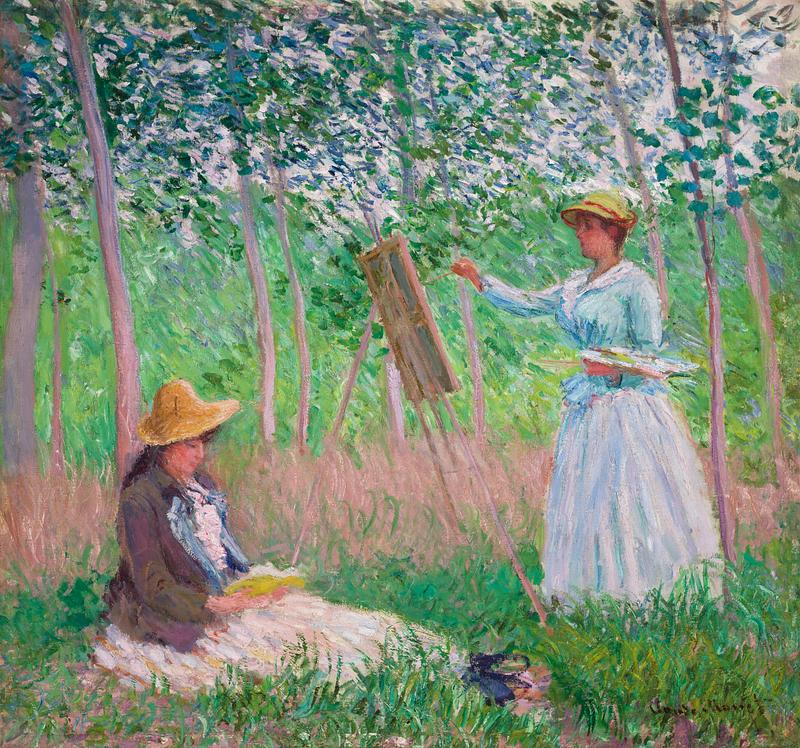 Monet garden painting In the Woods at Giverny, Blanche Hoschedé at Her Easel with Suzanne Hoschedé Reading (1887) by Claude Monet.…