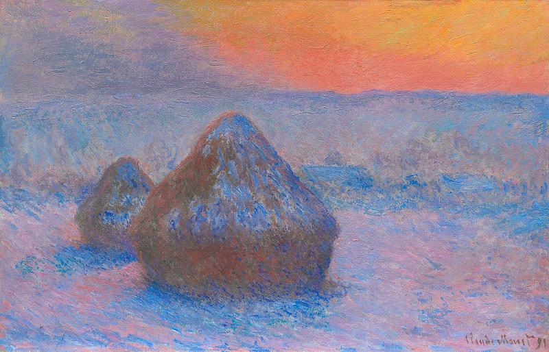 Monet haystack painting Stacks of Wheat, Sunset, Snow Effect (1890–1891) by Claude Monet. Original from the Art Institute of Chicago. Digitally…