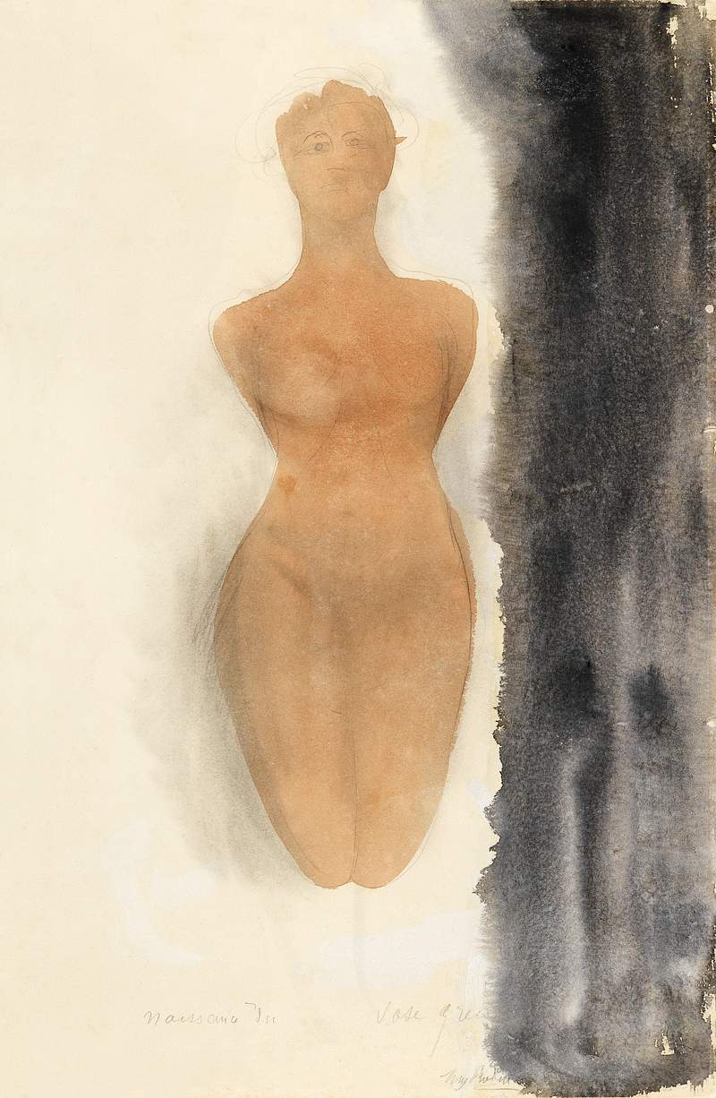 Naked woman showing her breasts, vintage nude illustration. Origin of the Greek Vase (1900–1910) by Auguste Rodin.…