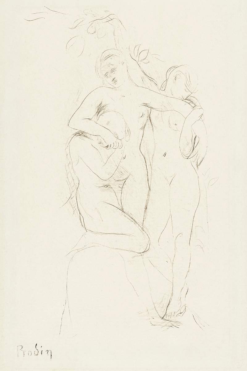 Three naked women, vintage nude illustration. Drie vrouwen met armen in omstrengeling (1893) by Auguste Rodin. Original from…