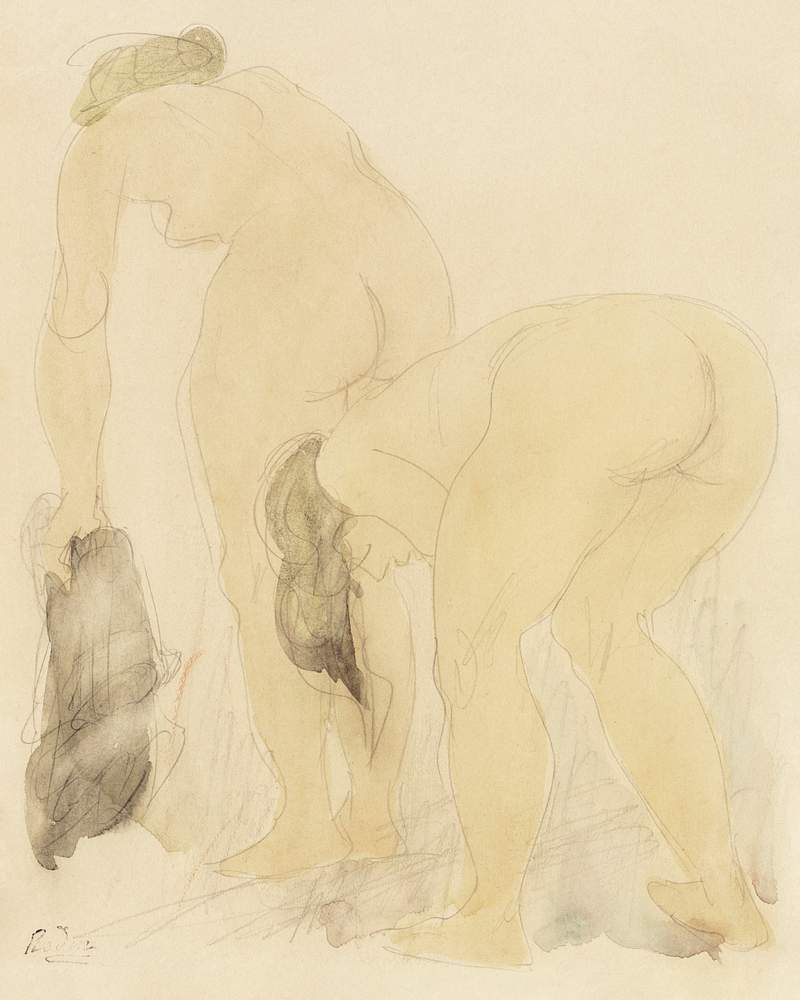 Naked women bending over, vintage nude illustration. Studieblad met twee naakte vrouwen, op de rug gezien (1850–1917)…