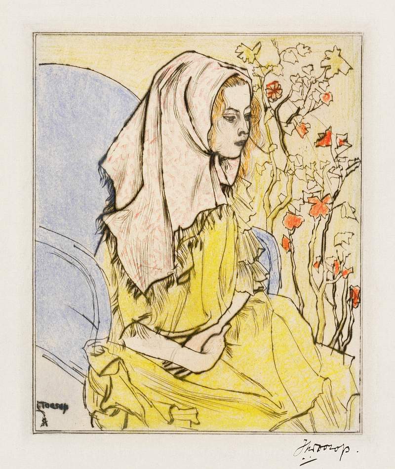 Charley Toorop with a headscarf in an armchair (1898) by Jan Toorop. Original from The Rijksmuseum. Digitally enhanced by…