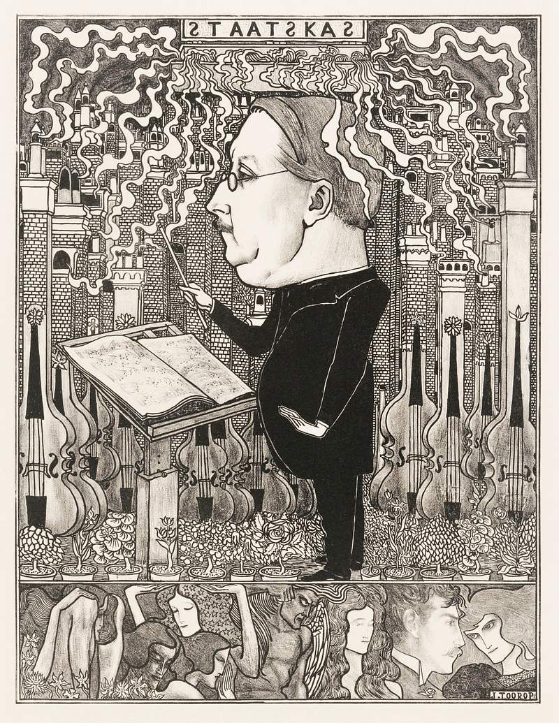 Conductor with violins and smoking chimneys behind (1895) by Jan Toorop. Original from The Rijksmuseum. Digitally enhanced by rawpixel. Conductor with violins and smoking chimneys behind (1895) by Jan Toorop. Original from The Rijksmuseum. Digitally enhanced by…