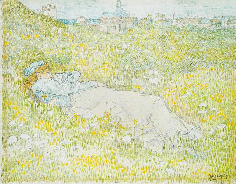 Woman Lying in the Dunes near Noordwijk (1902) by Jan Toorop. Original from The Rijksmuseum. Digitally enhanced by rawpixel.