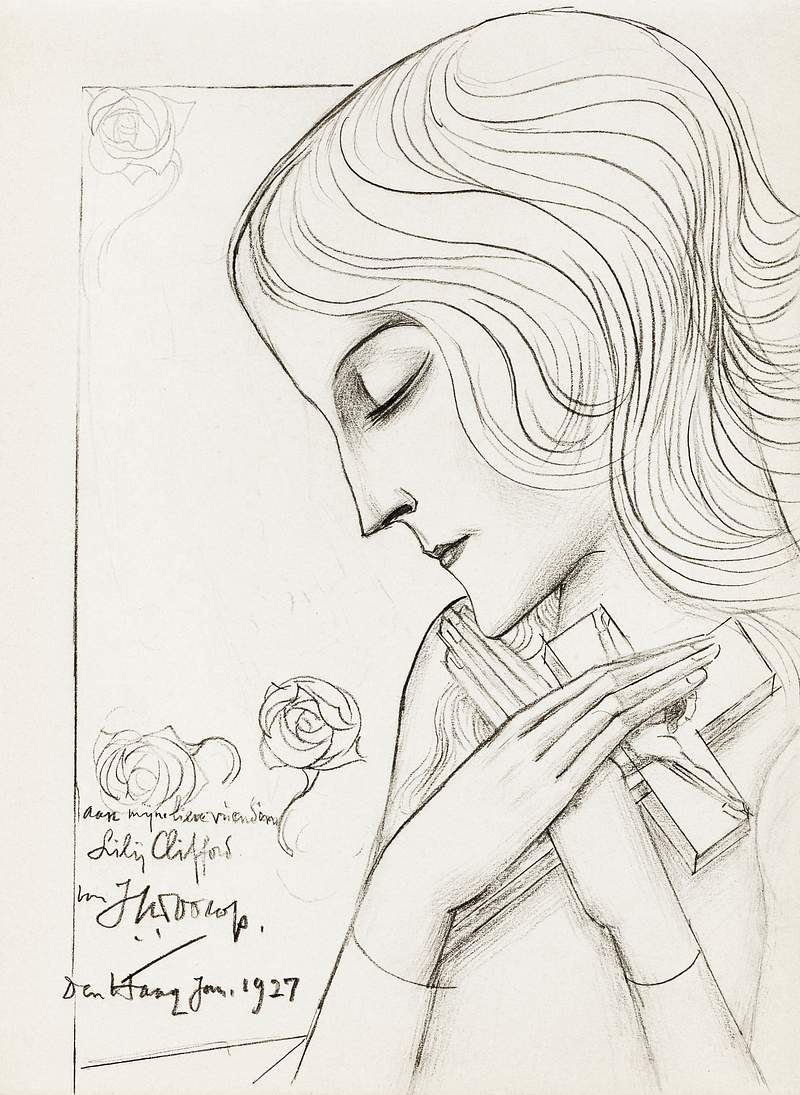 Young girl holding a cross in meditation (1927) by Jan Toorop. Original from The Rijksmuseum. Digitally enhanced by rawpixel.