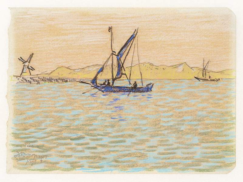 Sailing boats off the coast of Domburg (1907) by Jan Toorop. Original from The Rijksmuseum. Digitally enhanced by rawpixel.