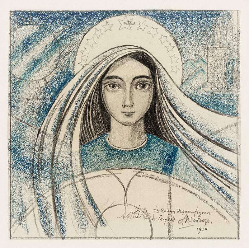 Detailed design of a woman's head for a poster for the International Eucharistic Congress held in Amsterdam from 22-27 July…
