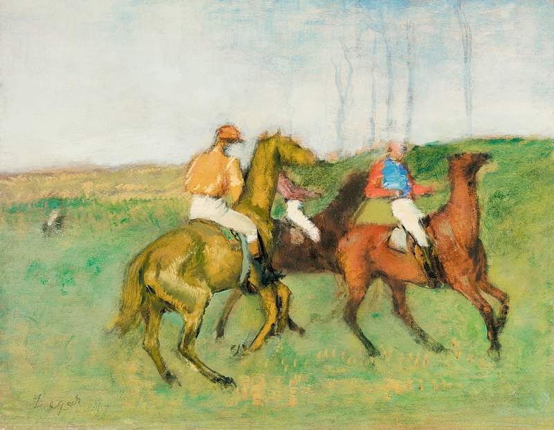 Jockeys and Race Horses (ca. 1890–1895) painting in high resolution by Edgar Degas. Original from Original from Barnes…