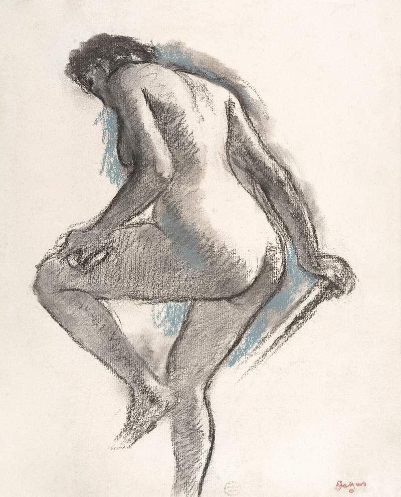 Naked woman. Bather Sponging Her Knee (ca. 1883–1884) drawing in high resolution by Edgar Degas. Original from The MET…