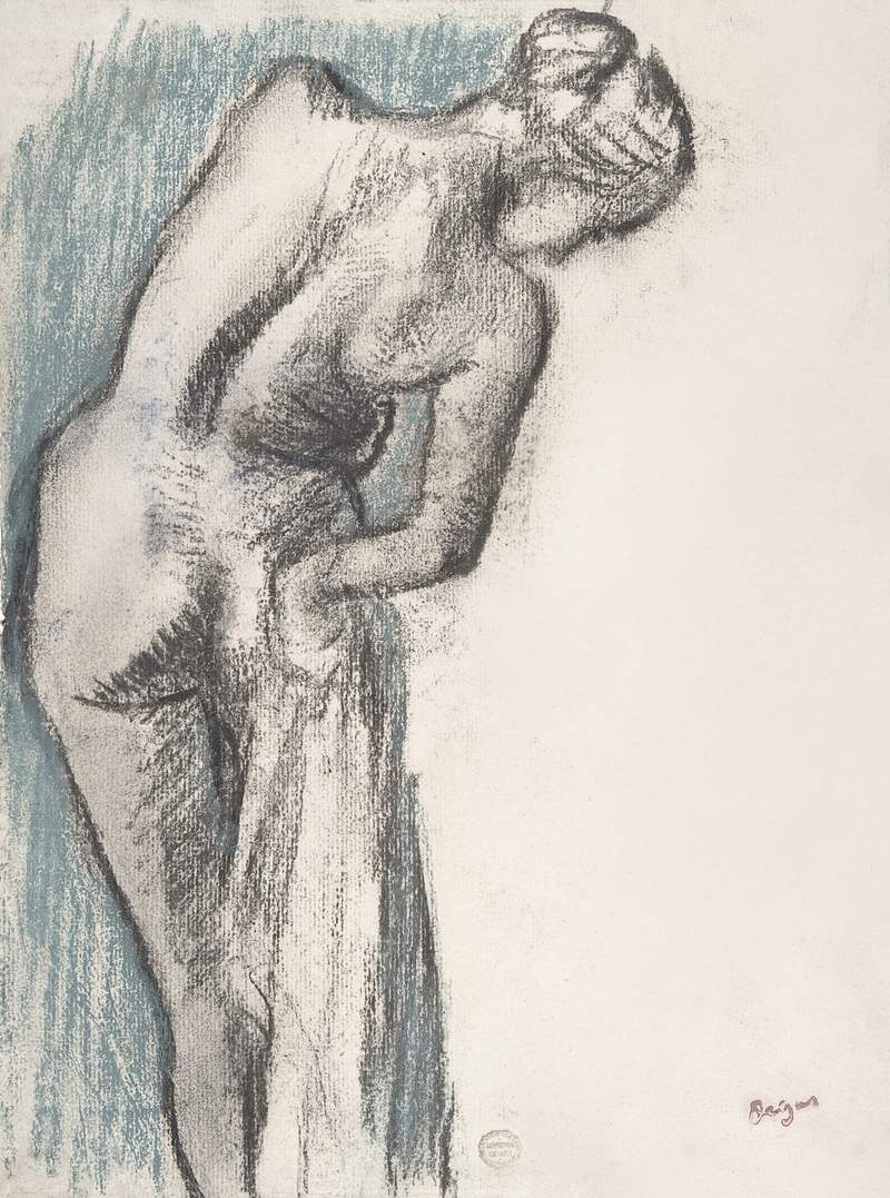 Naked woman. Bather Drying Herself (ca. 1883–1884) drawing in high resolution by Edgar Degas. Original from The MET…