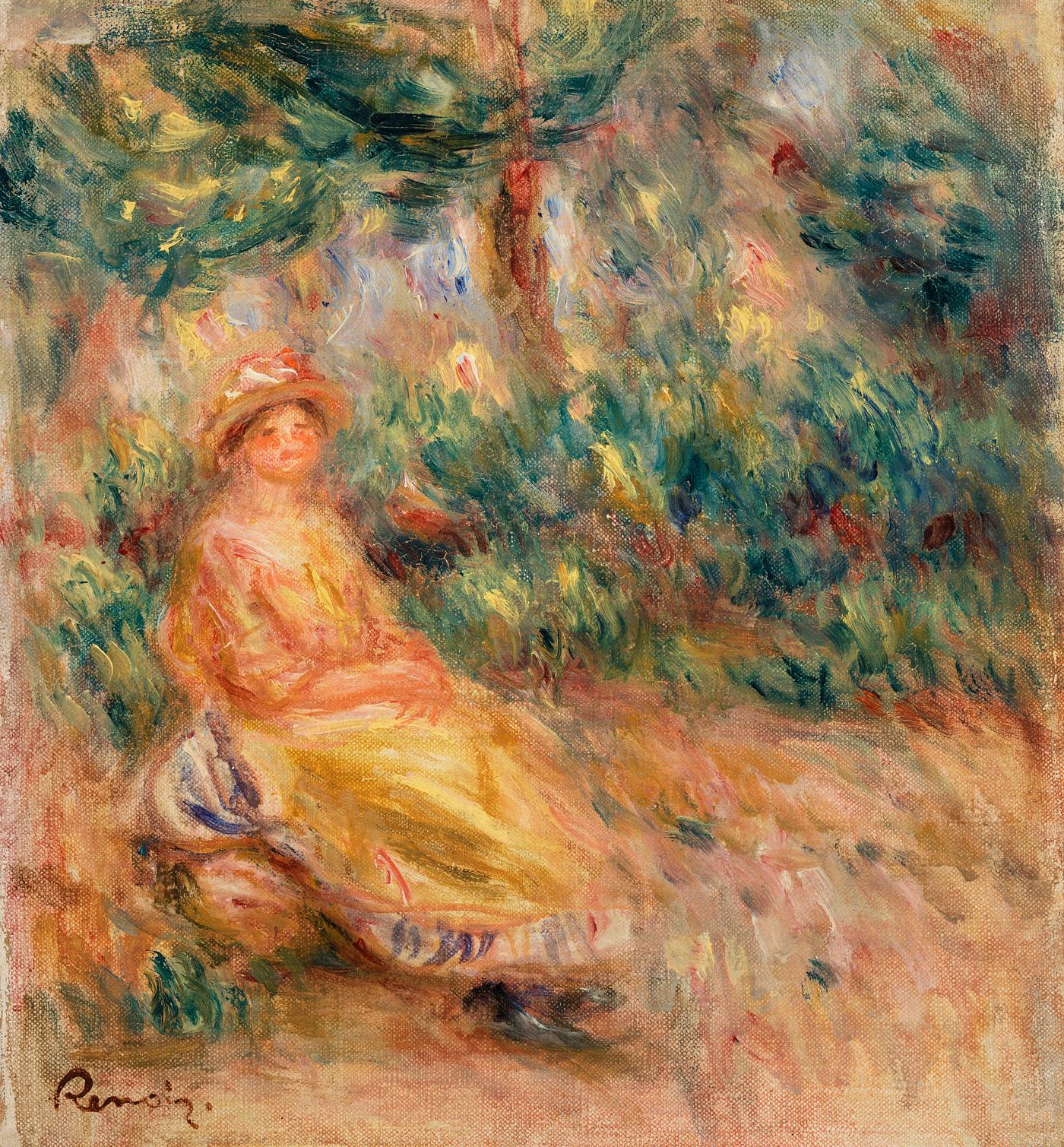 Artwork by Pierre–Auguste Renoir Woman in Pink and Yellow in a Landscape (Femme en rose et jaune dans un paysage) (1917–1919) by Pierre-Auguste Renoir...