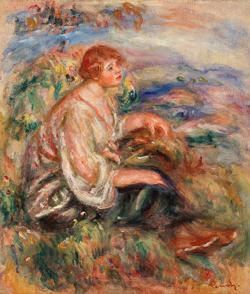 Woman in Tulle Blouse and Black Skirt (Femme en blouse de tulle et en jupe noire dans un paysage) (1917) by Pierre-Auguste…
