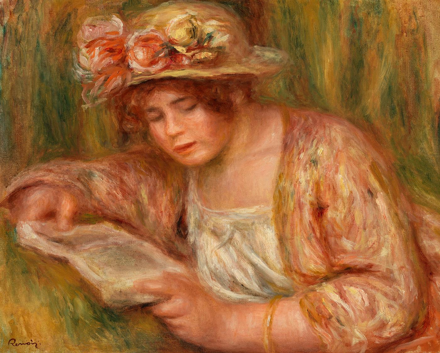 Andrée in a Hat, Reading (Andrée en chapeau, lisant) (1918) by Pierre-Auguste Renoir. Original from Barnes... Andrée in a Hat, Reading (Andrée en chapeau, lisant) (1918) by Pierre-Auguste Renoir. Original from Barnes...